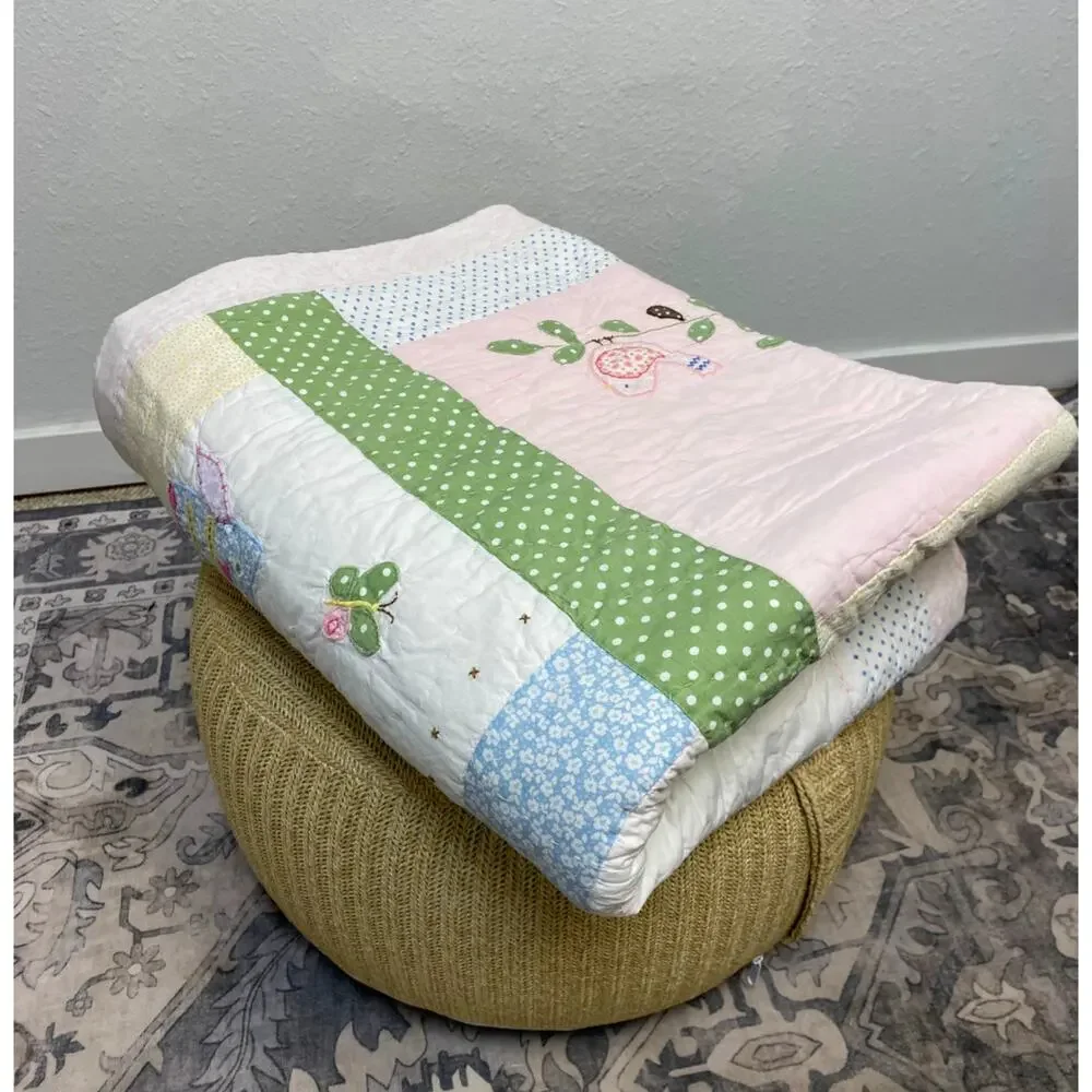 POTTERY BARN KIDS Hayley Floral Owl Bird TWIN QUILT Blanket Pink Floral Backing